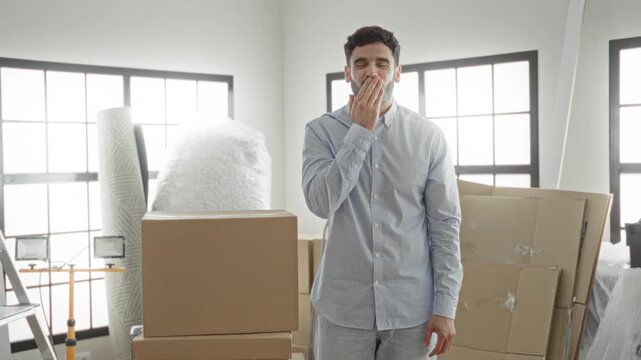 Man smiling beside stacked moving boxes and ladder reaches hand forward toward camera in studio interior; hopeful transition.