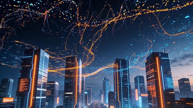 Futuristic city skyline with glowing lines