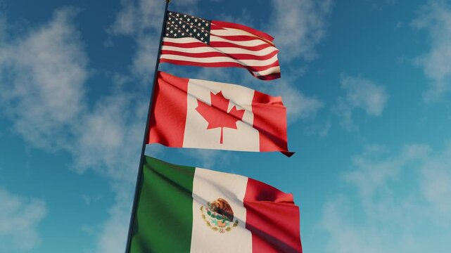 USA, Canada, and Mexico flags on one pole for world soccer 2026 sport competiti