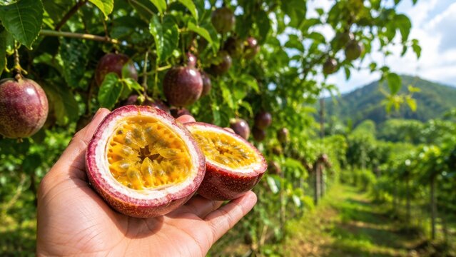 Fresh Passion Fruit Halves in Hand at Tropical Plantation