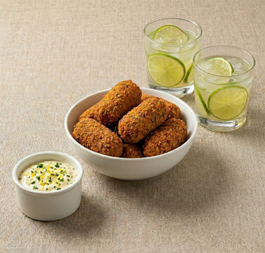 bolinho de carne seca com Gabiroba acompanhado de maionese de lim&atilde;o siciliano e ervas frescas sobre mesa de tecido r&uacute;stico