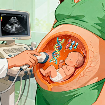 Pregnancy ultrasound illustration of a prenatal scan showing a fetus in the uterine : DNA and genetic