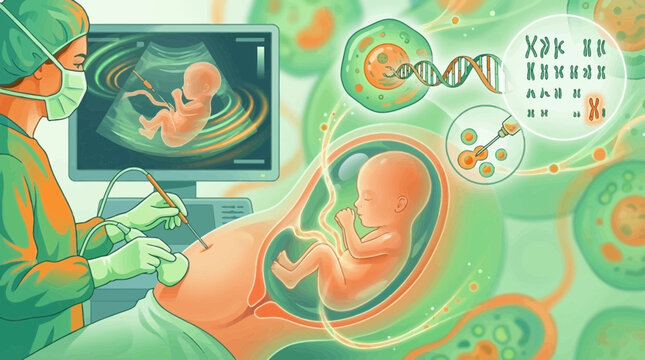 Fetal Medicine: Pregnancy ultrasound illustration of a prenatal scan and Genetic Testing 