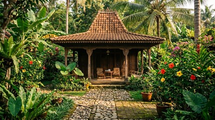 Obraz premium Traditional Javanese Wooden House in Lush Tropical Garden with Stone Path and Morning Sunlight, Serene Luxury Resort Pavilion for Relaxation and Cultural Tourism Concept