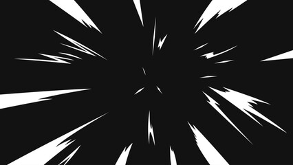 Fototapeta na wymiar Black and white manga burst background with sharp radial speed lines. Dynamic anime style explosion effect creating a sense of impact, power, motion, and dramatic action.