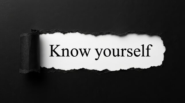 The words 'Know Yourself' appear through a rip in black paper, symbolizing self-awareness.