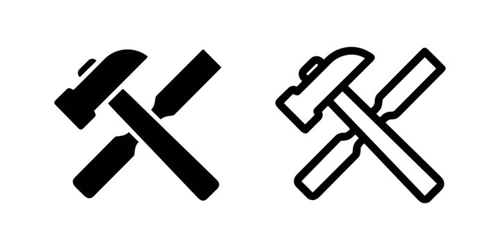 Crossed hammers icon set, solid and outline