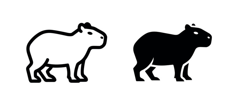 Set of two capybara icons, black and white outlines and solid fill