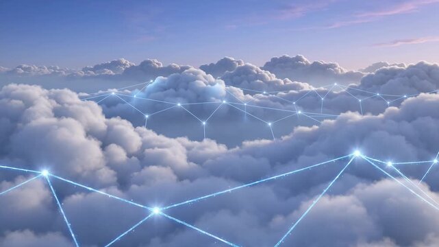 Flying over clouds with a glowing digital network representing big data, cloud computing, and global communication technology, symbolizing the internet and information transfer