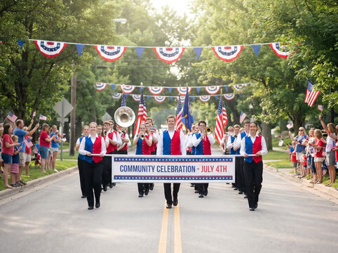 Marching Band Walking Under July 4th Community Celebration Banner