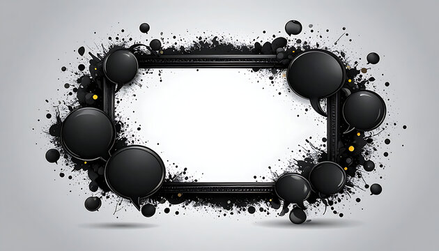 black distressed frame with splatter and round elements, grunge border design, empty space for text