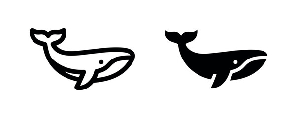 Cute cartoon whale icon set in outline and solid style. © liubomir118809