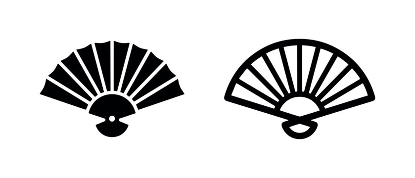 Traditional hand fan icon in outline and glyph style. Cultural symbol for elegance, relief, and tradition.