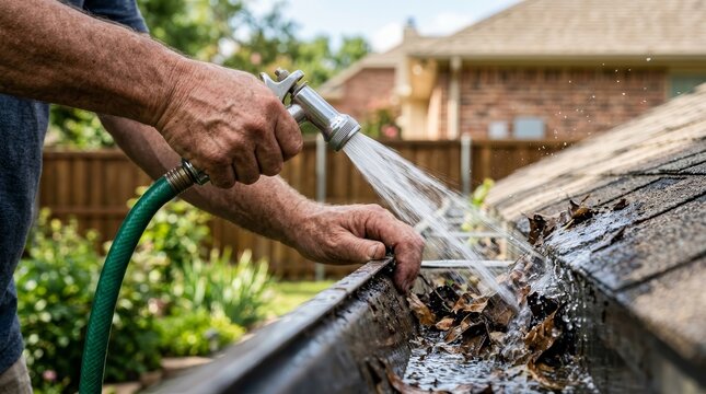 A person cleaning a dirty roof gutter with a high-pressure water spray from a green garden hose.