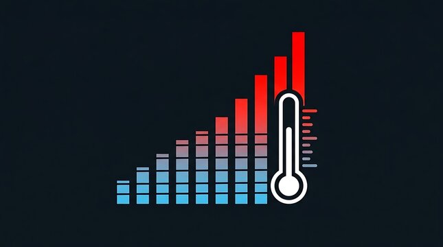 Minimalist data visualization of global temperature rise: Bar chart and thermometer icon representing climate emergency and environmental statistics.