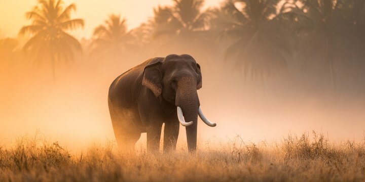 Majestic indian elephant walking in the golden sunrise mist