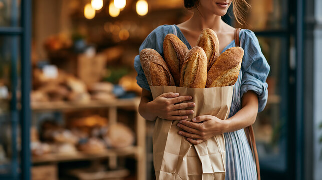Woman holding a paper bag full of fresh crusty bread loaves outside a bakery with blurred background