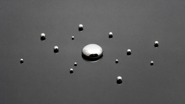 Mercury droplet scattered into silvery beads on a smooth, reflective surface.