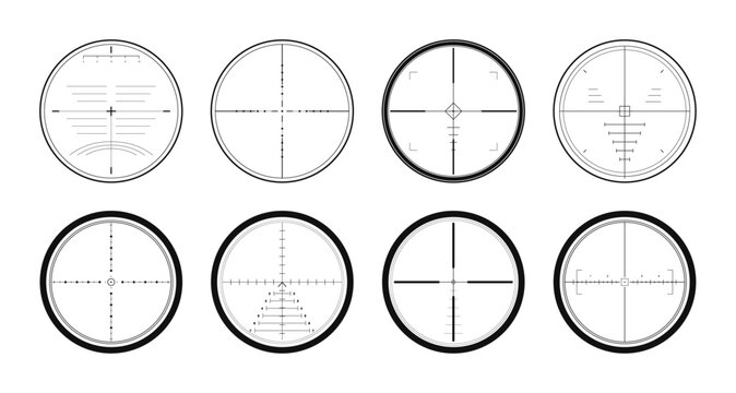 Rifle scope reticle set with crosshair targets. Circular rifle scope reticles and crosshair targets collection in black line style, isolated on a light background for optics, HUD and gaming. Vector.