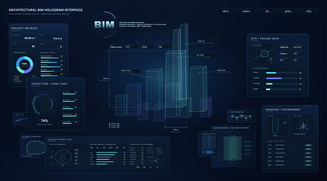 Architectural BIM hologram interface dashboard with tower model, blueprint overlay, project metrics, structure load, facade data, section drawings, site grid and building analysis. Vector.