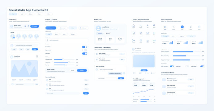 Social media app elements kit with UI components. Clean social media UI kit featuring feed layout, profile card, buttons, icons, messaging, reactions and stats widgets. Vector UI graphic box for app.