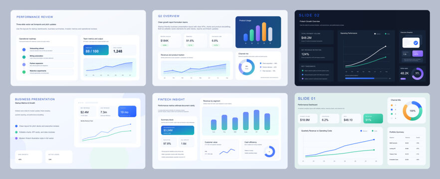 Editable business presentation slide templates with analytics dashboards, KPI charts, fintech report layouts and startup pitch deck elements in a clean modern light style. Vector.