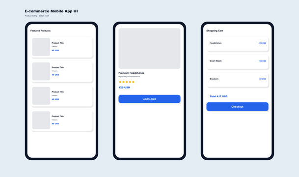 E-commerce mobile app UI screens for shopping and cart. Modern e-commerce mobile app UI, UX kit mockup with product listing, item detail and shopping cart screens. Vector app mockup.