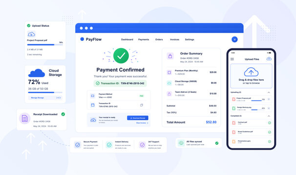 Conceptual cloud service illustration with payment UI. Clean cloud service platform with UI, UX, file upload app interface, sync widgets, mobile app screen and dashboard file uploads. Vector.