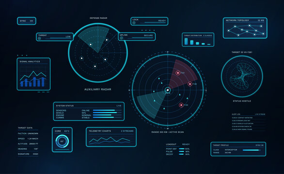Futuristic defense radar HUD interface. Glowing blue military radar dashboard with target lock, signal analytics, telemetry charts and network topology on a dark command center interface. Vector HUD.