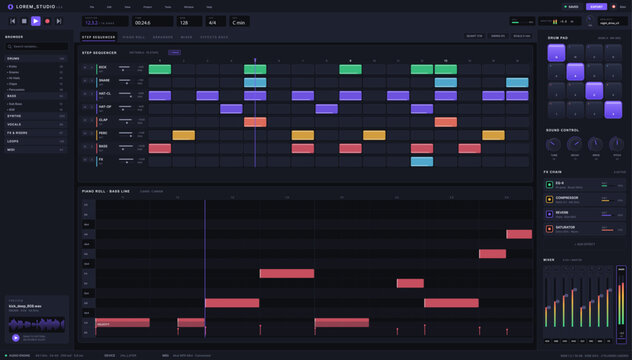 Music production DAW interface. Futuristic digital audio workstation UI with step sequencer, piano roll, drum pads, mixer, effects chain and sample browser. Vector music production app.