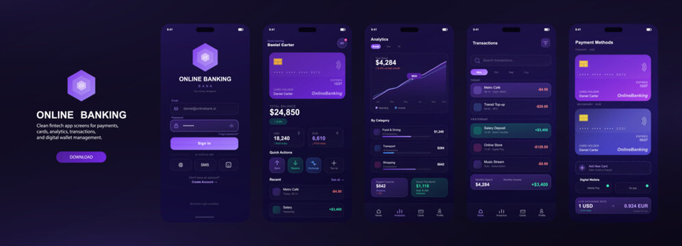 Purple mobile banking app UI UX kit screens. Fintech app mockup with login, account dashboard, analytics, transactions, cards, digital wallet screens. Mobile banking app template. Vector UI.