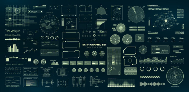 Sci-Fi HUD UI graphic elements pack. Cyberpunk interface set with HUD gadgets, charts, diagrams, infographics, map, gauges, frames, radars and widgets. Sci-fi futuristic user interface. Vector set.