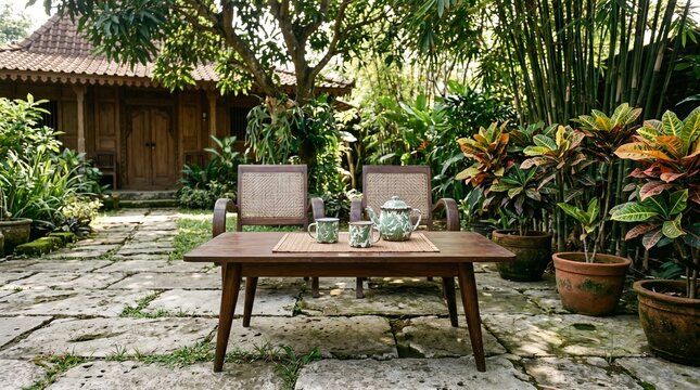 Traditional Javanese Garden Cafe Setting with Wooden Table, Chairs, Vintage Enamel Tea Set, Lush Green Tropical Background, Natural Daylight, Relaxing Vacation Concept