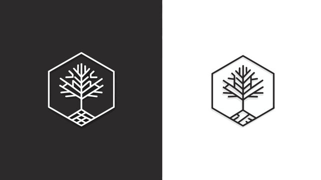 Modern minimalist line art tree with roots in a hexagonal frame. Geometric emblem symbolizing nature, growth, and environmental sustainability.