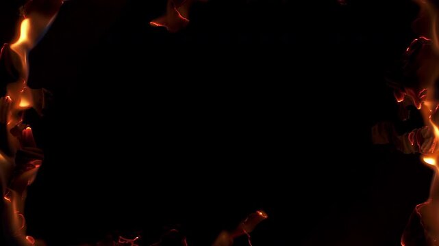 Rectangular burning frame surrounded by active flames, glowing ember fragments and smoldering edges, isolated on black with clear central copy space for compositing.