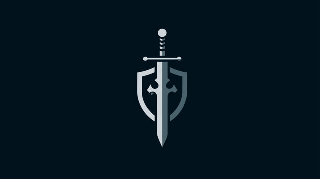 Stylized Silver Sword and Shield Emblem on Dark Background Representing Protection, Strength, and Medieval Fantasy Graphic
