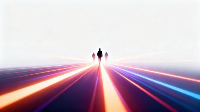 Three figures walking on glowing light path