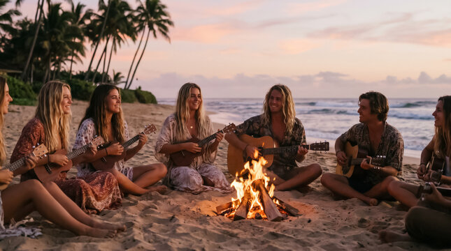 Group of young women playing ukuleles around a beach campfire