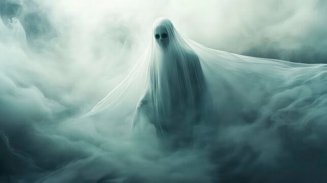A ghost or a vision in a white sheet. Halloween. An eerie ghostly being made of ectoplasm. The concept of horror and anxiety. Illustration for cover, postcard, interior design, decor or print