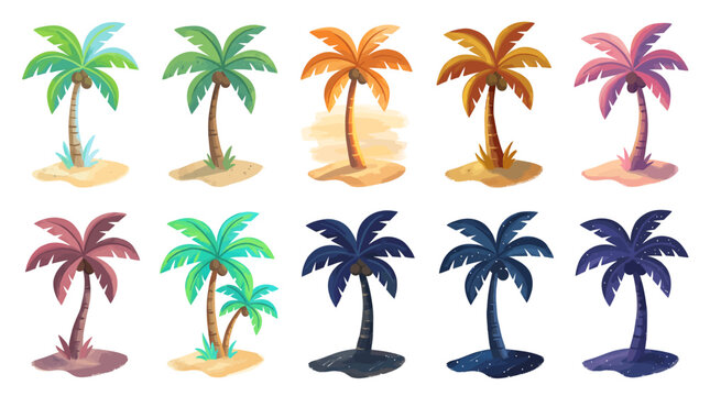 A collection of ten vibrantly colored stylized palm trees, each standing on a small sandy patch against a white background.