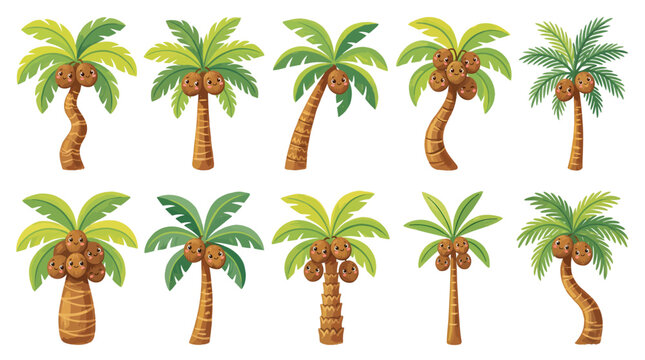 A collection of ten cartoon-style palm trees with green fronds and coconuts, showcasing various shapes and sizes.
