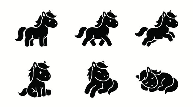 Set of cute black horse silhouettes in various poses, including standing, walking, running, sitting, and sleeping.