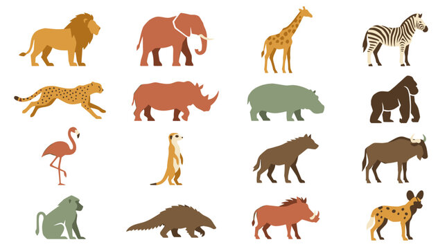 Collage of graphic wild animal illustrations, diverse wildlife, vibrant safari creatures