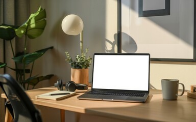 Fototapeta premium Computer monitor sits on a wooden desk next to a potted plant and a lamp in a bright and cozy office room.