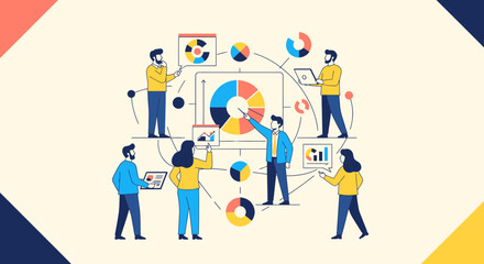 Fototapeta premium Professional business people collaborate in a modern flat vector office setting.