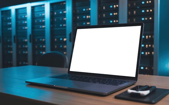 Laptop featuring a blank screen rests on a desk in front of a server room filled with glowing network equipment racks.