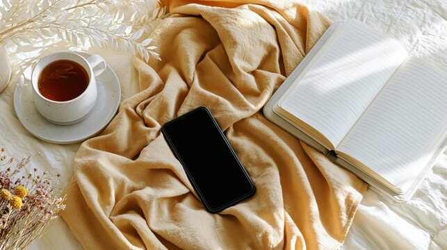 Smartphone with blank screen beside open journal and tea on a cozy bed