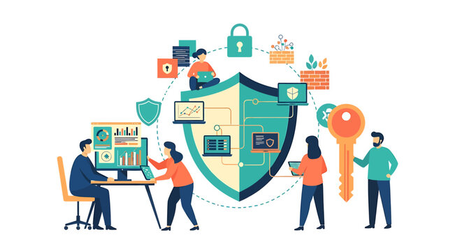 Professional business people work together on modern flat vector cybersecurity illustration with shield and key.
