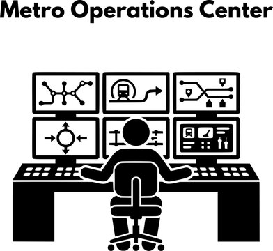 Train operator managing subway traffic transit network and railway track route on dashboard monitors in metro operations center vector icon