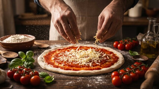 "professional chef hands sprinkling grated mozzarella cheese on raw pizza dough with tomato sauce symbolizing authentic culinary craftsmanship and passion"